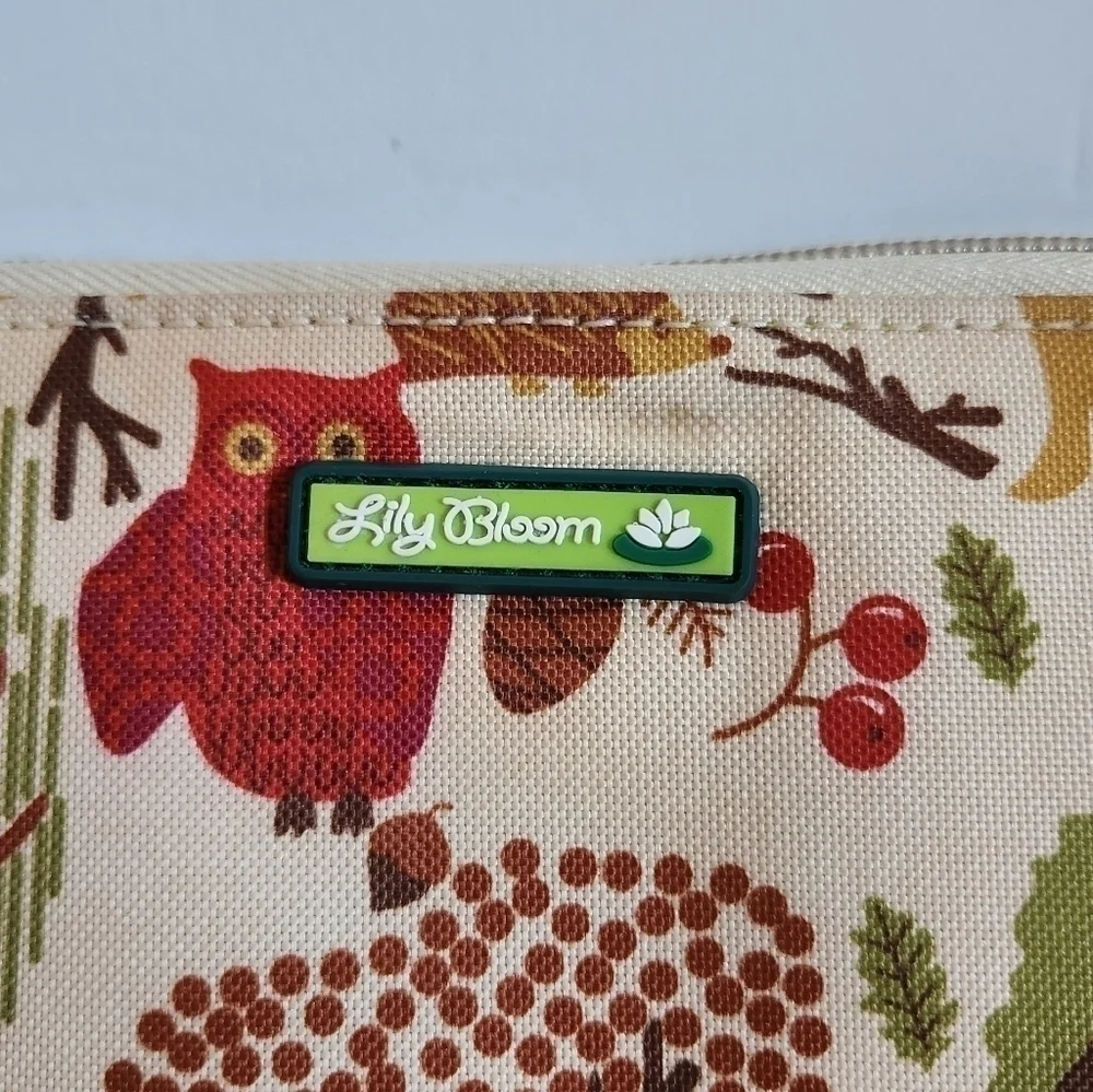 Lily Bloom Forest Owl Fox Porcupine Tan Green Zip Around Wallet